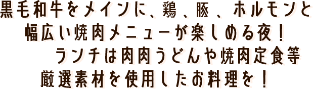 黒毛和牛をメインに、豚、鶏、ホルモンと幅広い焼肉メニューが楽しめる夜！ランチかは肉肉うどんや焼肉定食等厳選素材を使用したお料理を！